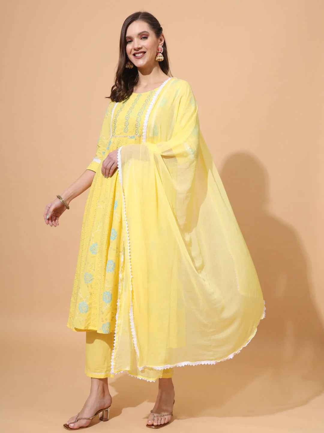 Pure Cotton Schiffli Kurta,Pant & Dupatta Set
