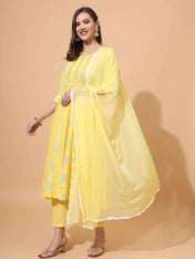 Pure Cotton Schiffli Kurta,Pant & Dupatta Set