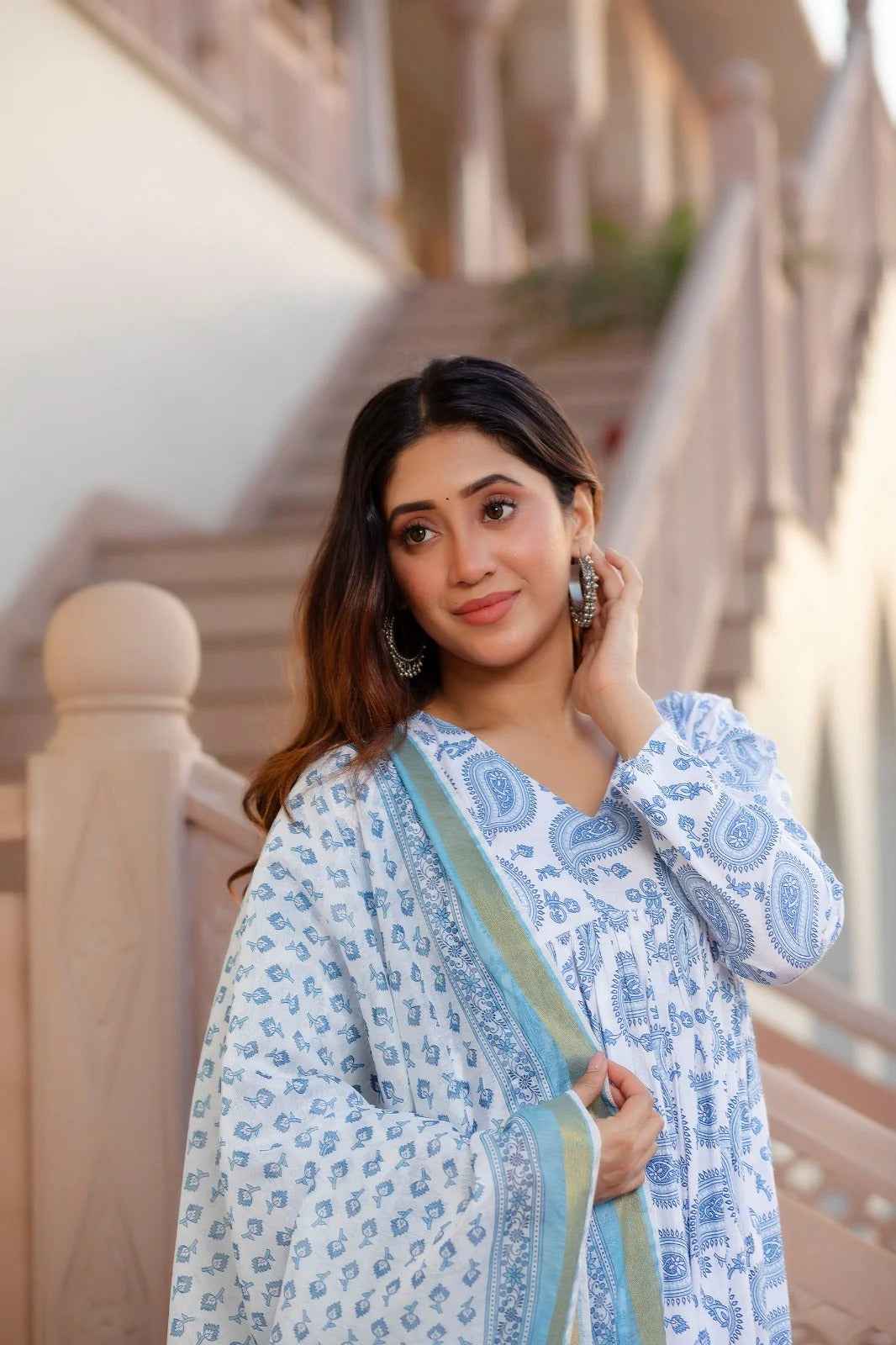 White &amp; Blue Delight Pure Viscose Suit