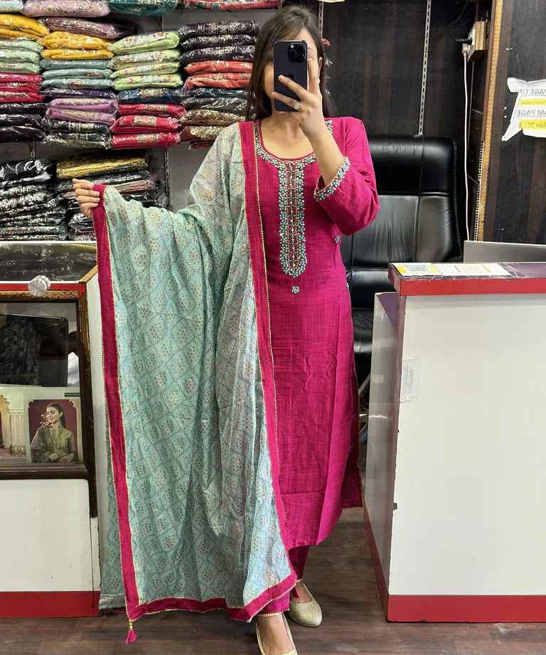 Pink Cotton Silk Hand embroidered Knot Knot kurta Pant With Contrast muslin Dupatta
