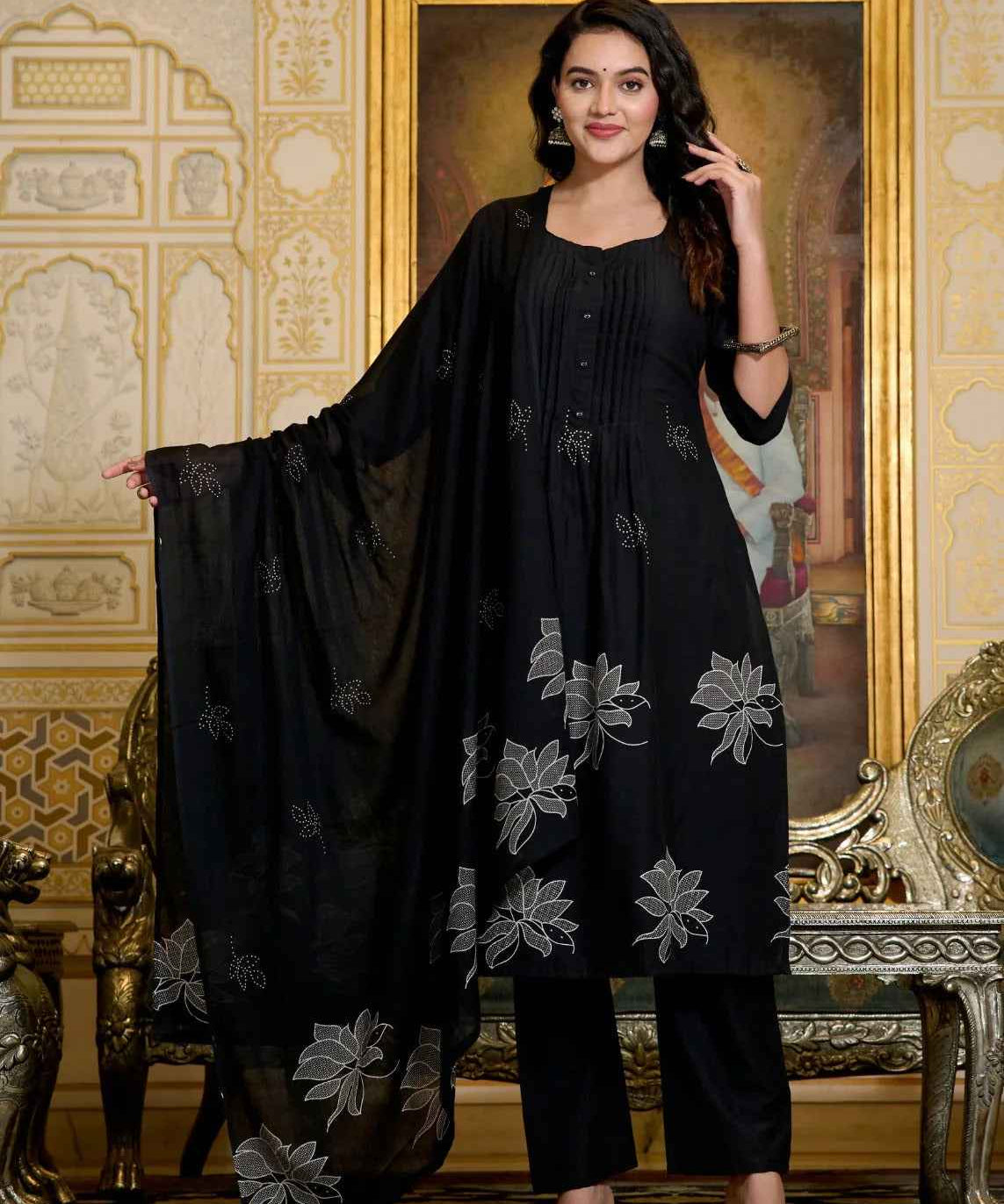 Black Cotton Embroidered Kurta Set with Dupatta