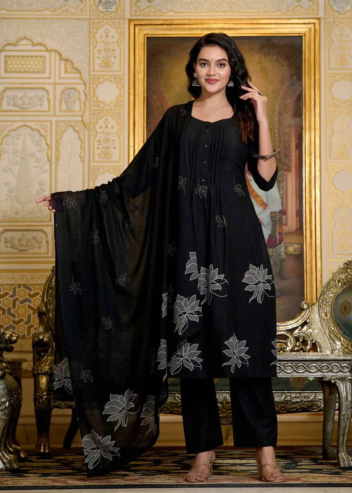 Black Cotton Embroidered Kurta Set with Dupatta