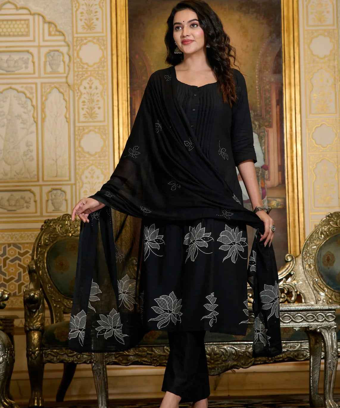 Black Cotton Embroidered Kurta Set with Dupatta
