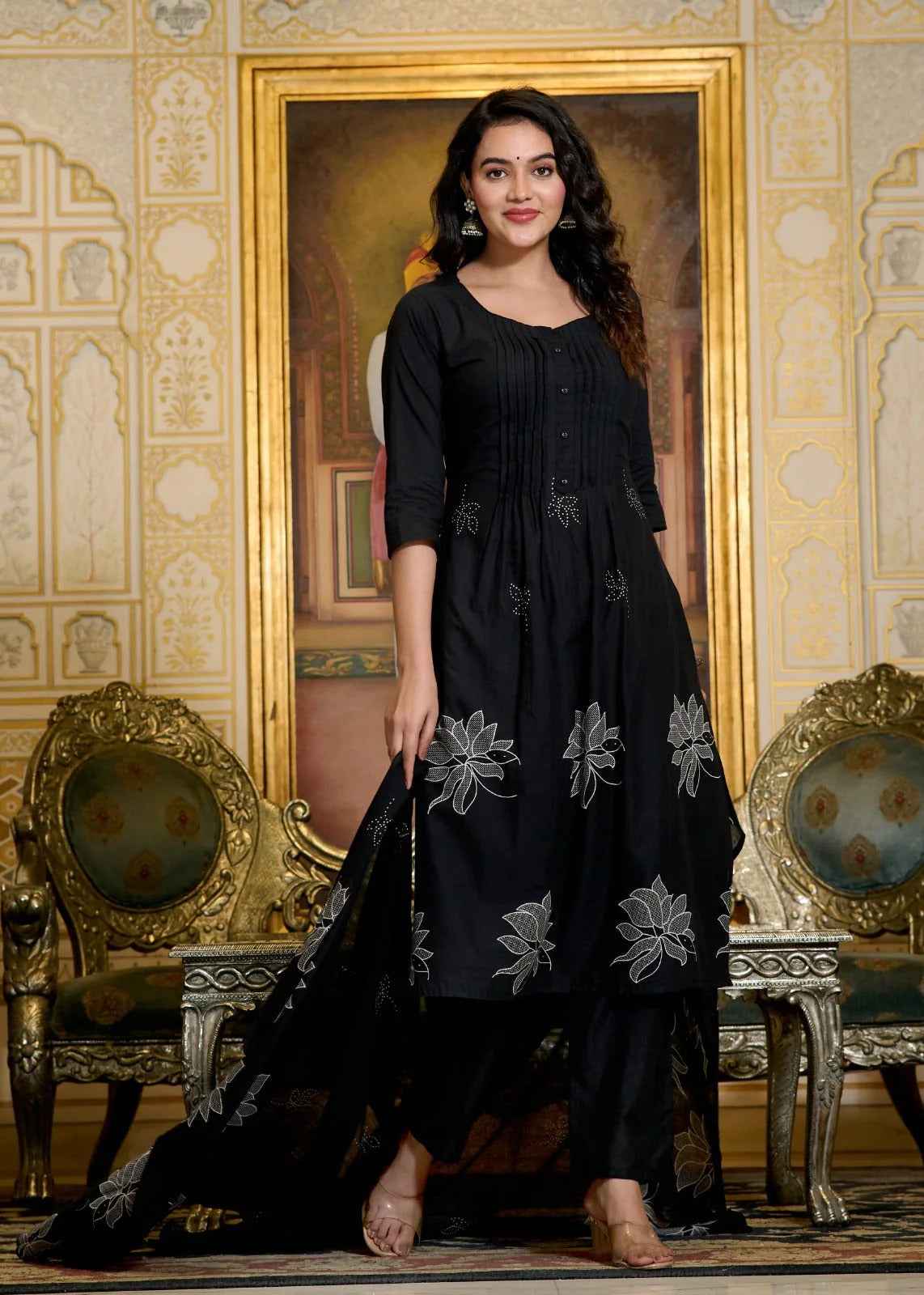 Black Cotton Embroidered Kurta Set with Dupatta