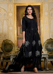 Black Cotton Embroidered Kurta Set with Dupatta