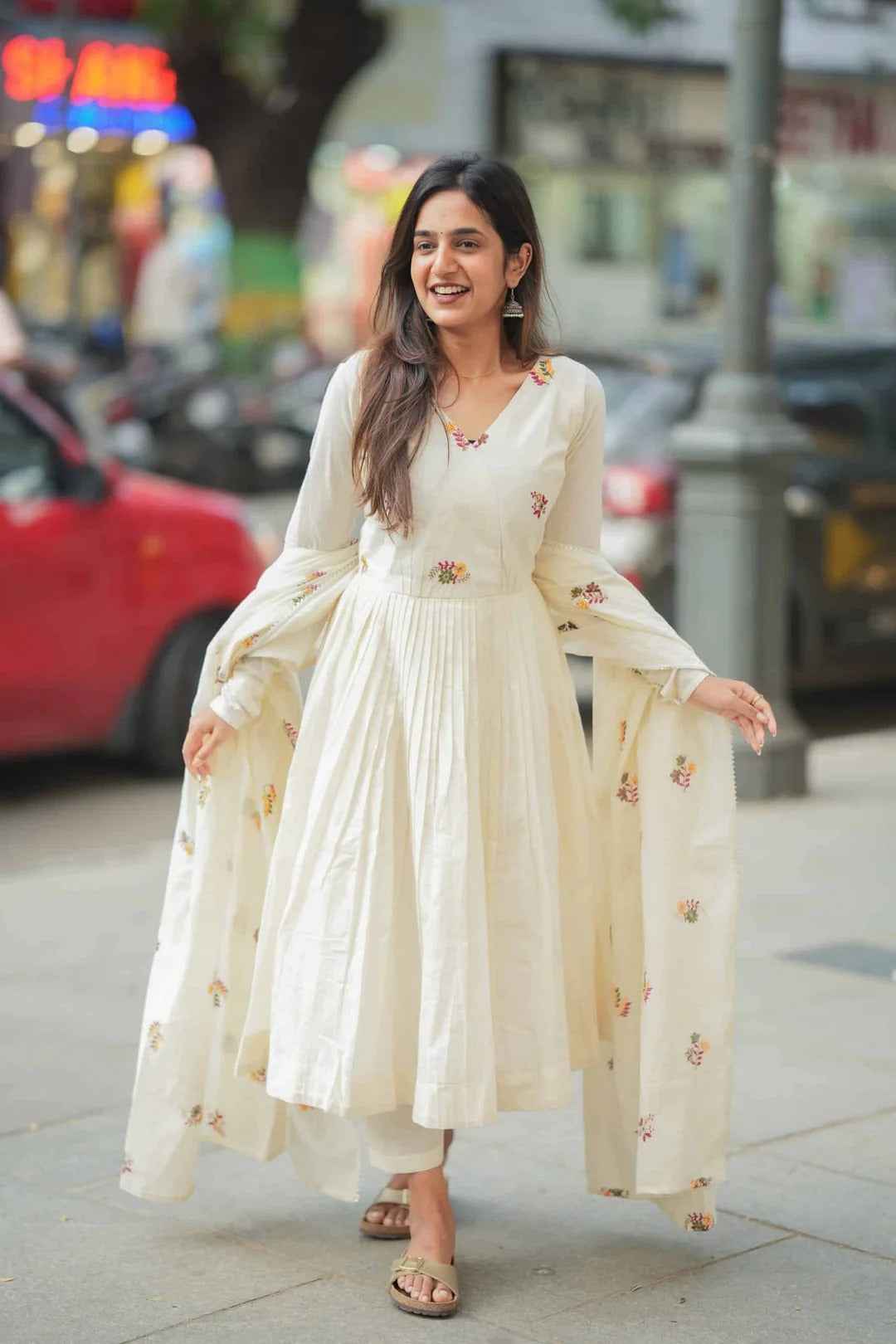 Mahiya Off White Mul Cotton Anarkali With Dupatta & Pant