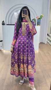 Purple Floral Handworked Anarkali With Straight Pants