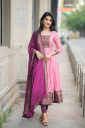 Pink & Wine Anarkali Kurta Set with Dupatta