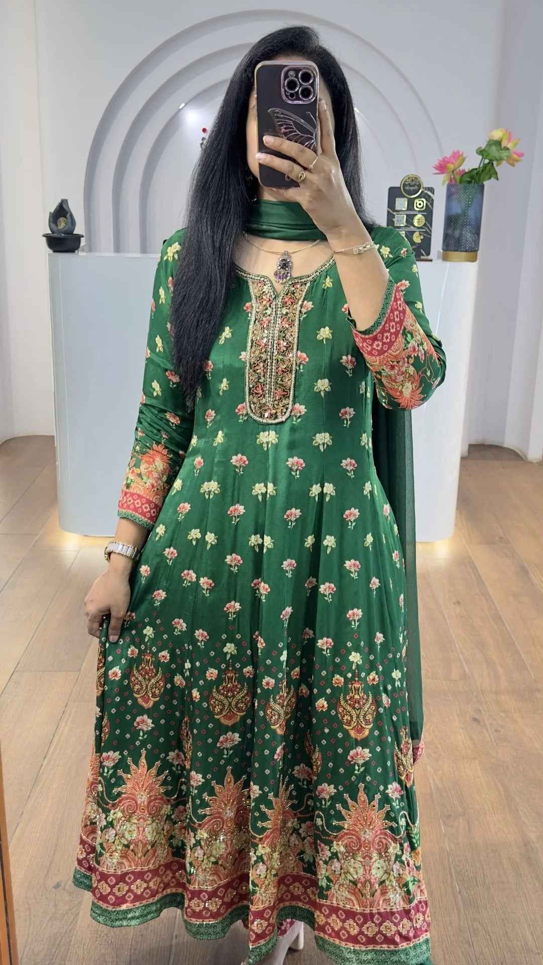 Green Floral Handworked Anarkali With Straight Pants
