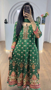 Green Floral Handworked Anarkali With Straight Pants