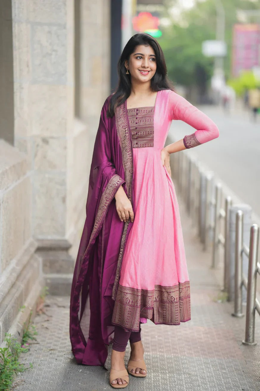 Pink & Wine Anarkali Kurta Set with Dupatta