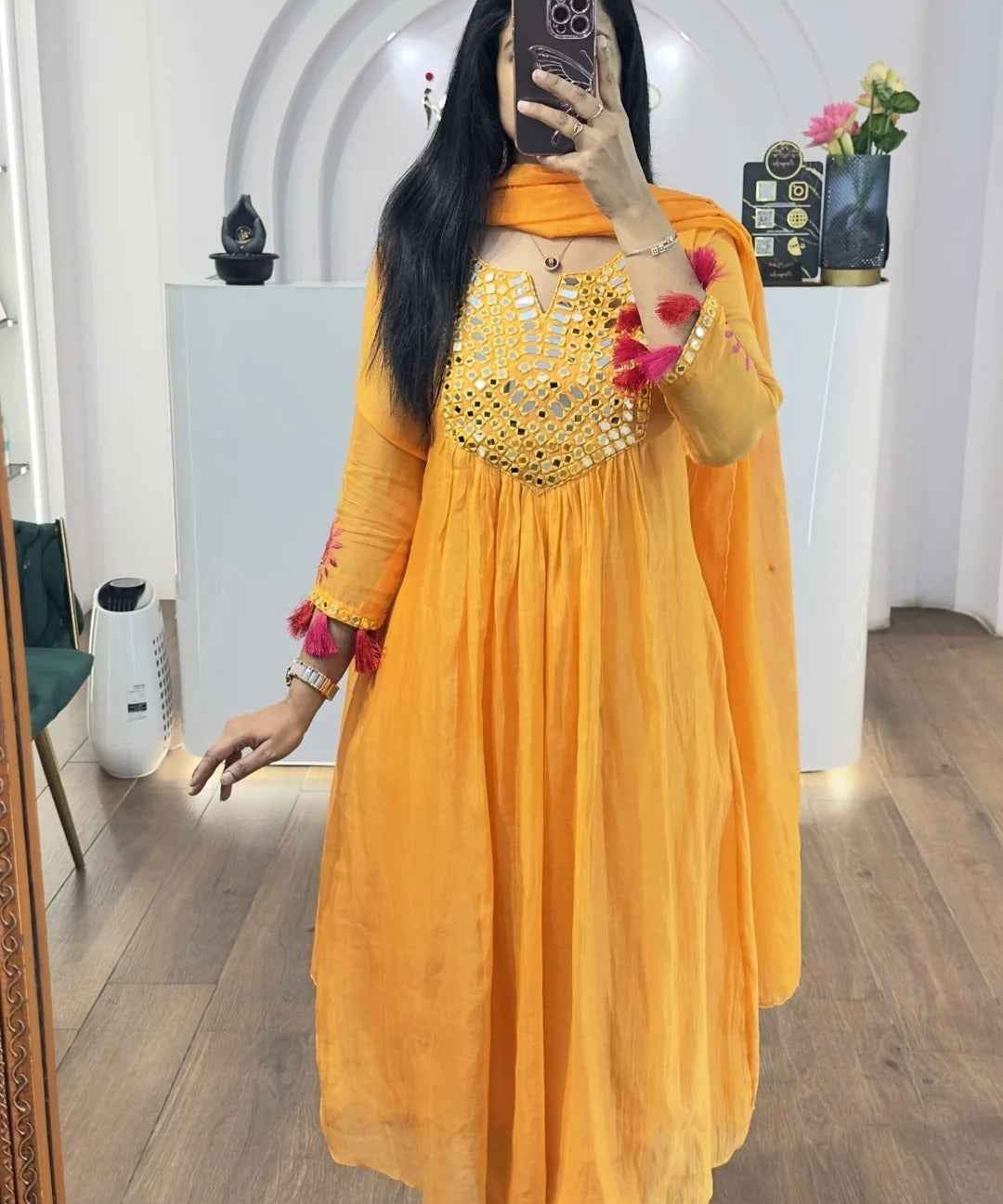 Orange Mul Chanderi Mirrors Handwork Suit Set