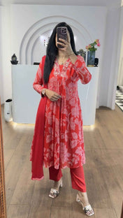 Red Bandhej Chinnon Aline Suit Set