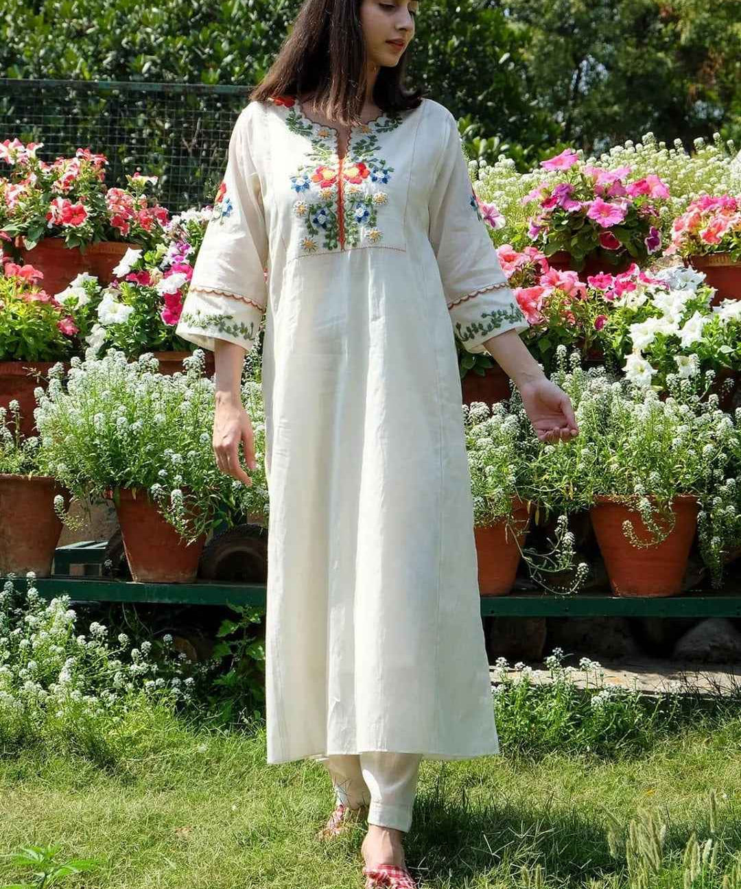Off White Embroidered Cotton Kurta and Pant Set