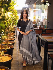 Black Cotton Kurta Set with Grey Dupatta