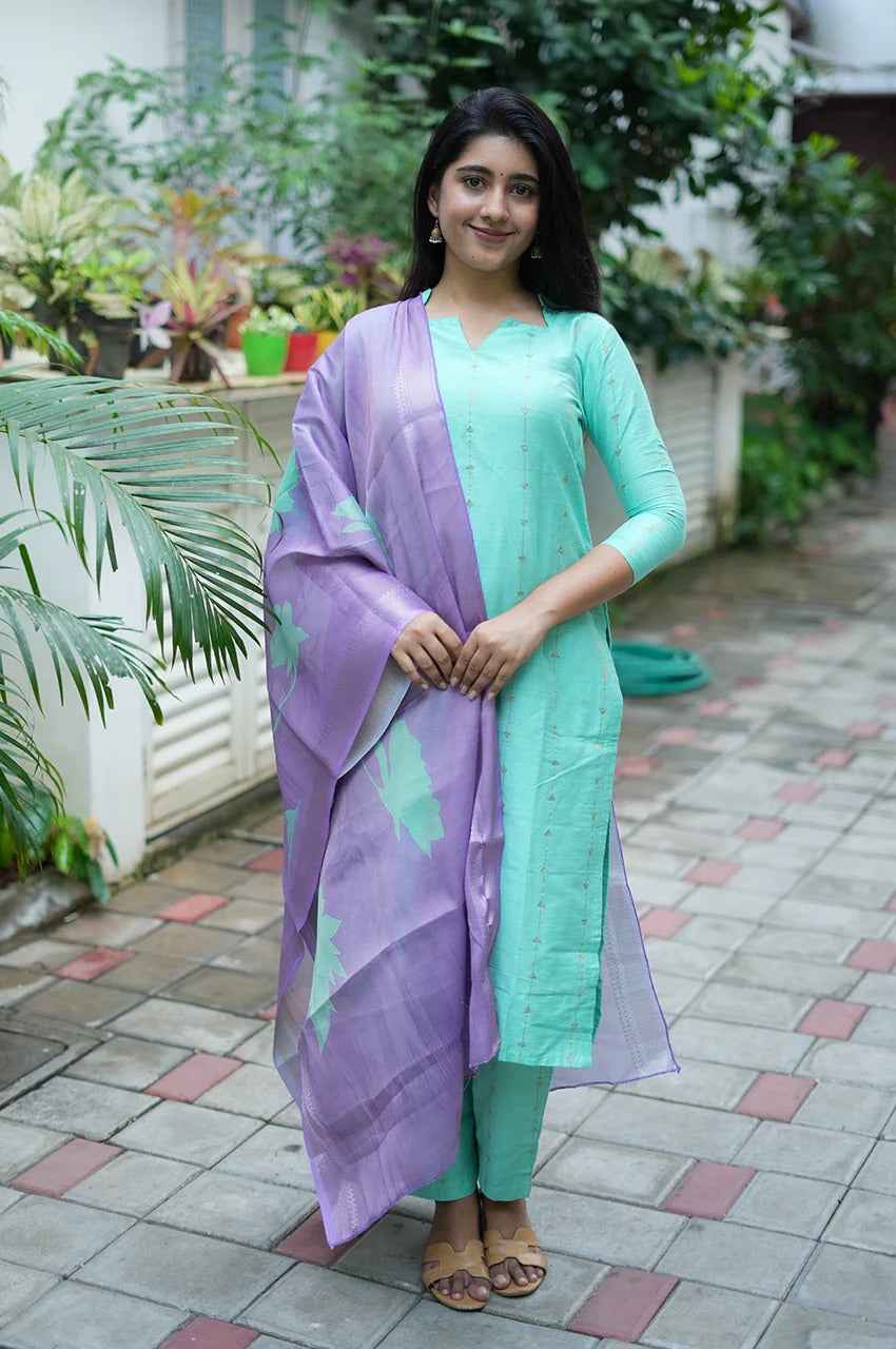 Mint Bloom Kurti Set – Raw Slub Silk Charm
