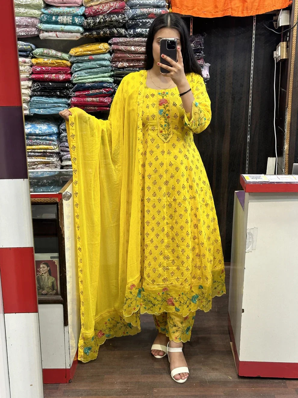 Yellow Embroidered Cotton Kurta Set with Dupatta