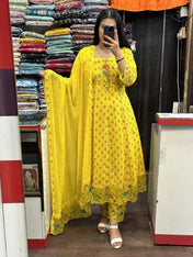Yellow Embroidered Cotton Kurta Set with Dupatta