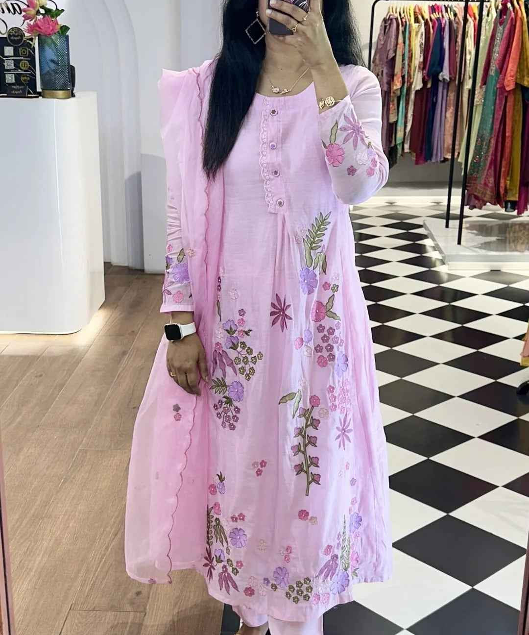 Baby Pink Mul Chanderi Embroidered Suit Set