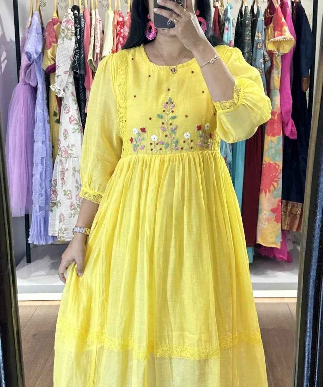 Yellow Mulchanderi Handworked Frock