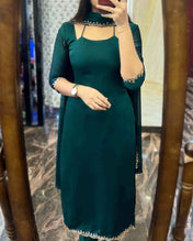 DARK GREEN GEORGETTE STRAIGHT CUT KURTI WITH LINING AND DUPPATTA SET