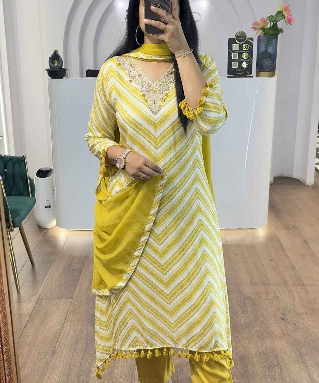 Yellow Zig Zag Printed Handwork HighLow Kurti