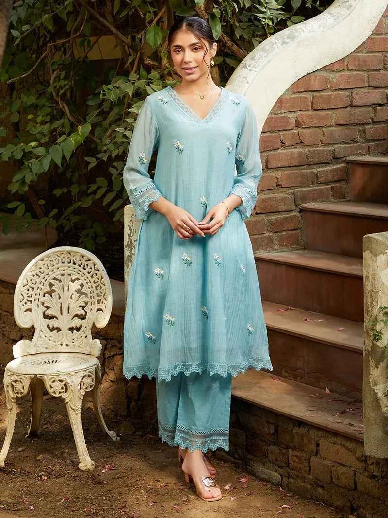 Powder Blue Embroidered Chanderi Kurta