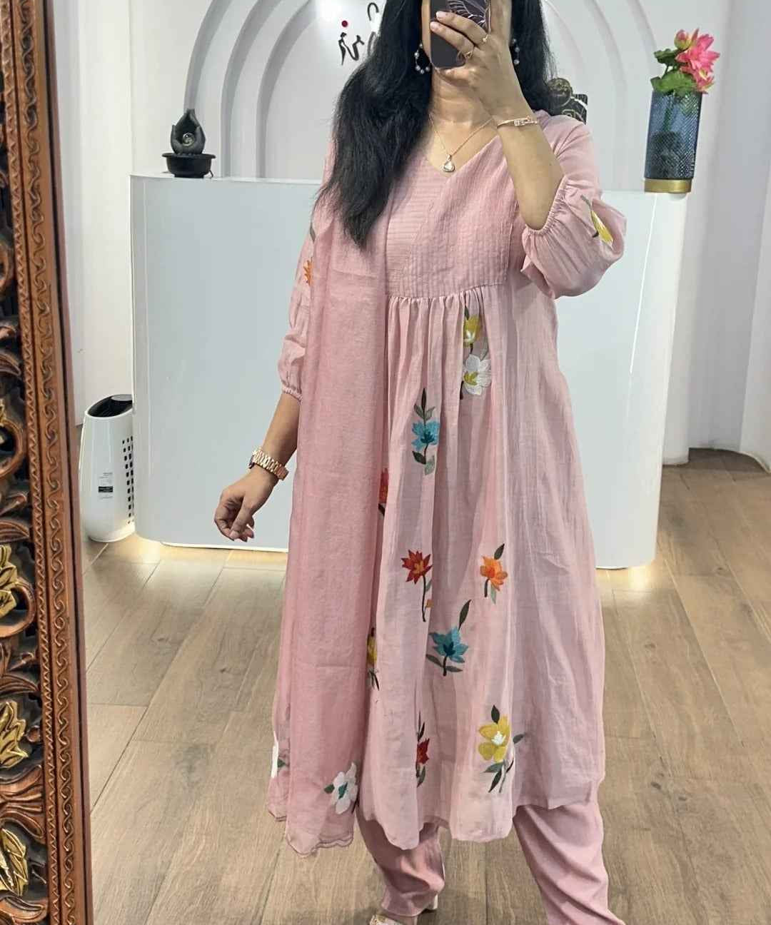 Salmon Pink MulChanderi Handworked Suit Set