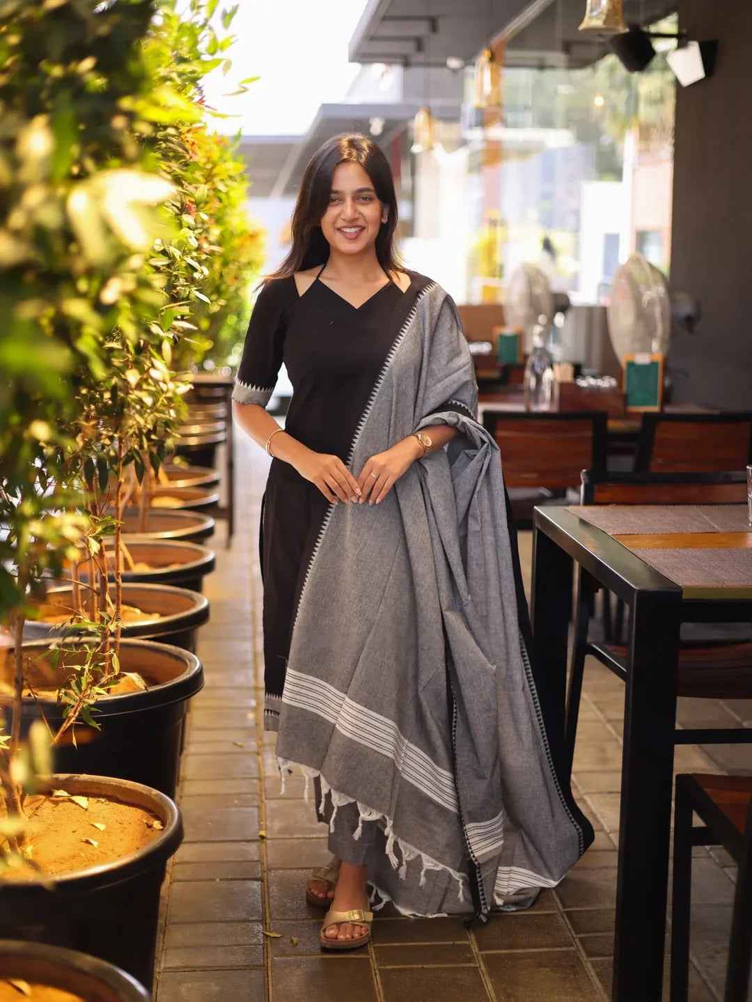 Black with White & Grey Cotton Kadhambari Set