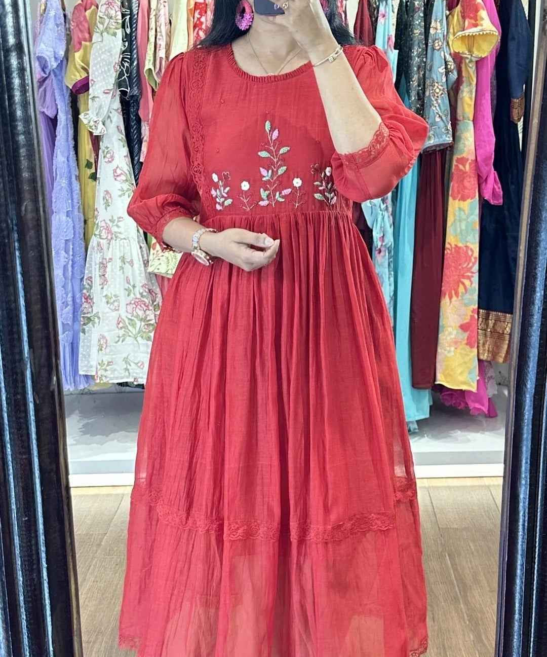 Red Mulchanderi Handworked Frock