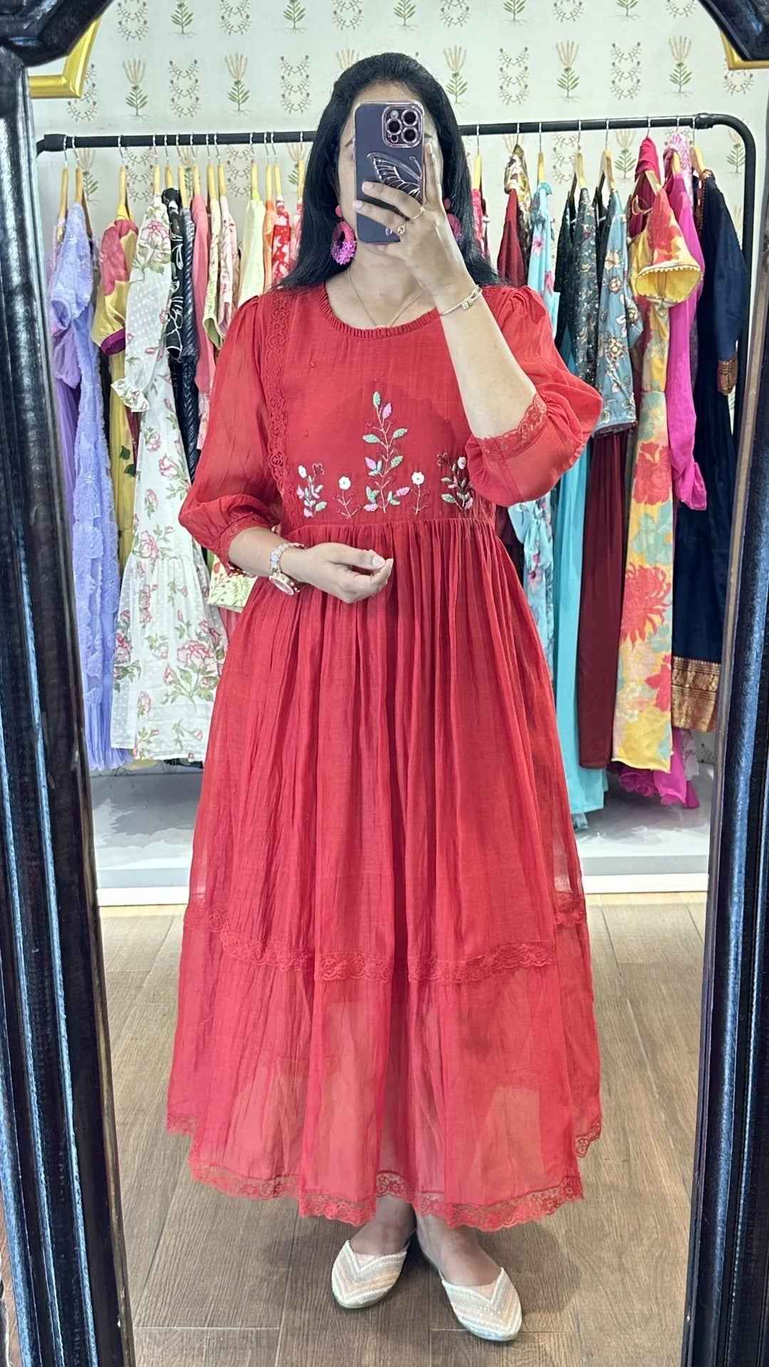 Red Mulchanderi Handworked Frock