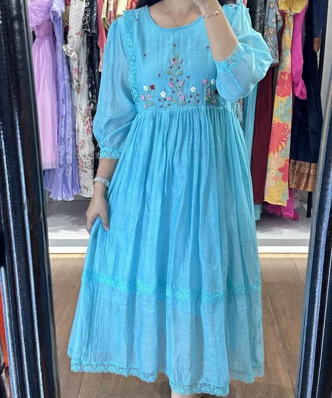 Sky Blue Mulchanderi Handworked Frock