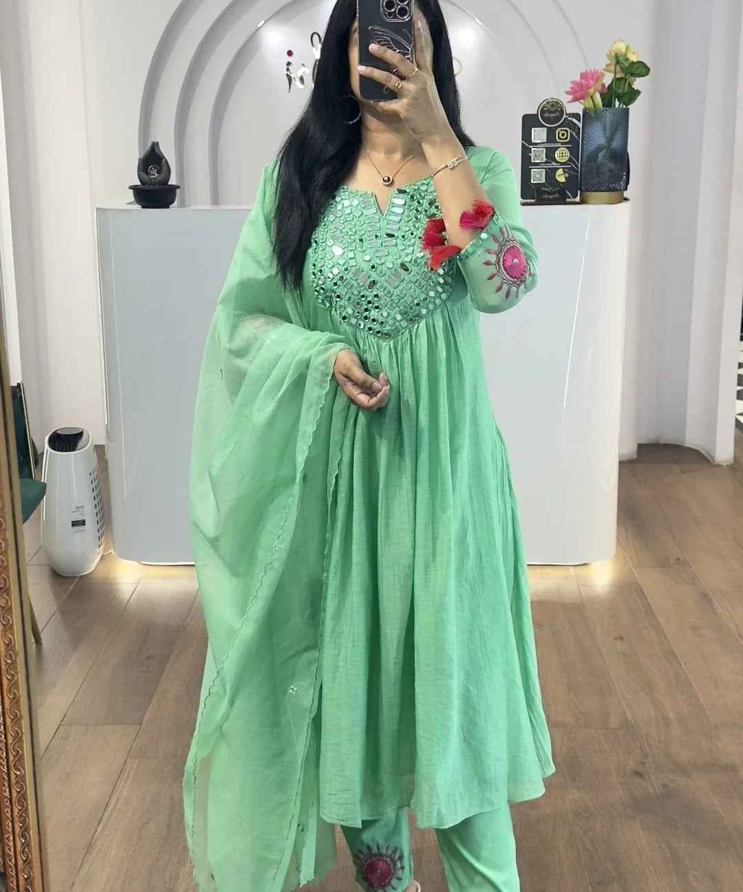 Sea Green Mul Chanderi Mirrors Handwork Suit Set