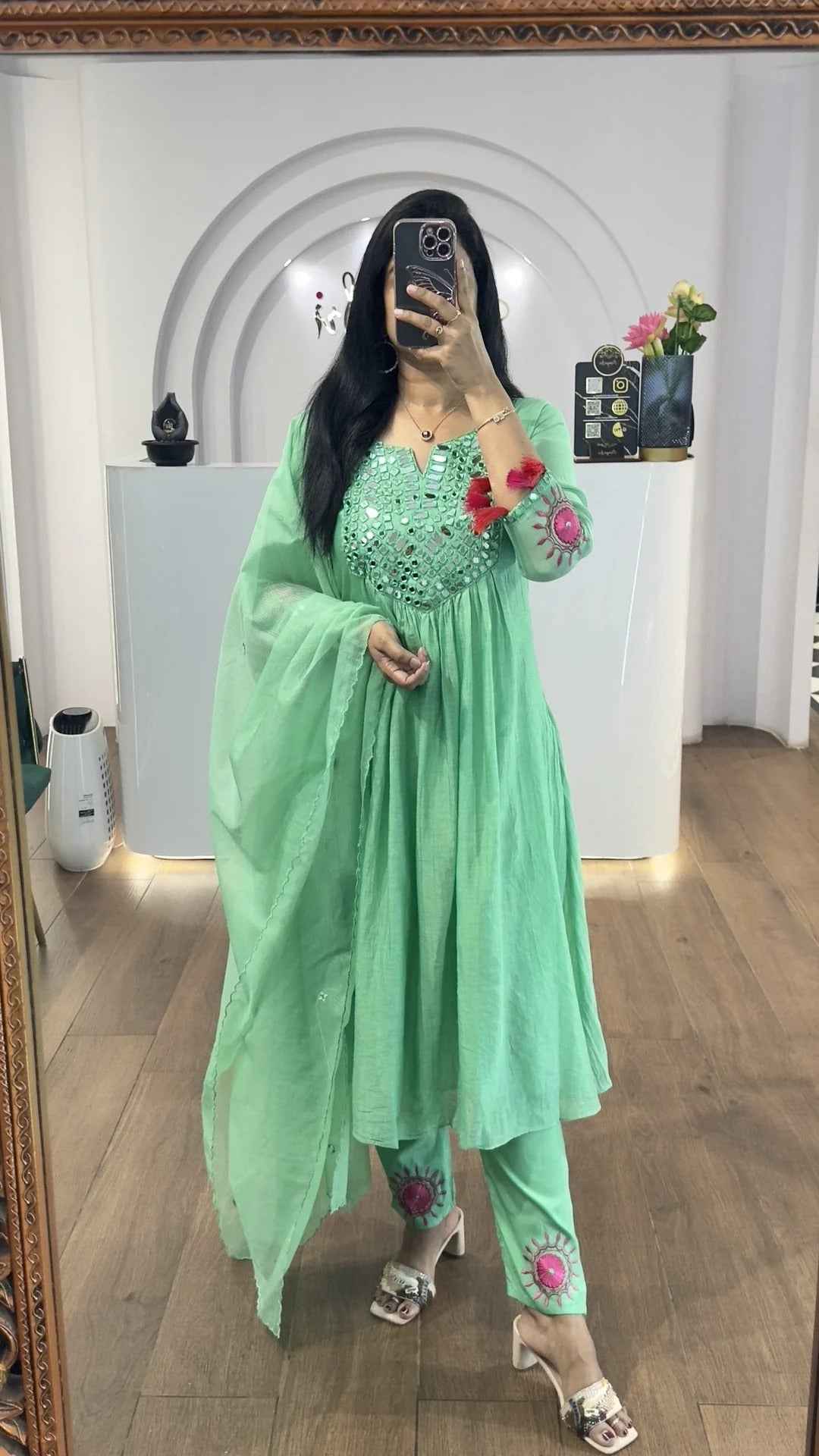 Sea Green Mul Chanderi Mirrors Handwork Suit Set