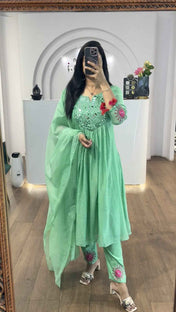 Sea Green Mul Chanderi Mirrors Handwork Suit Set