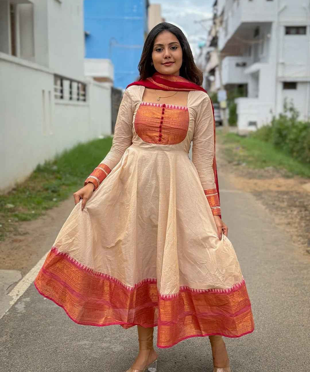 Anarkali Pure Kanchi Cotton With Dupatta Georgette Silk