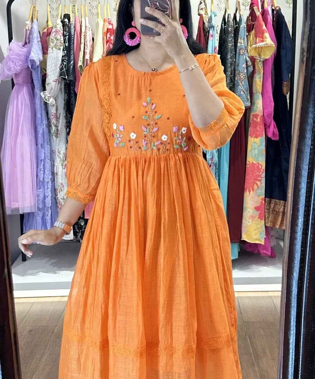 Orange Mulchanderi Handworked Frock