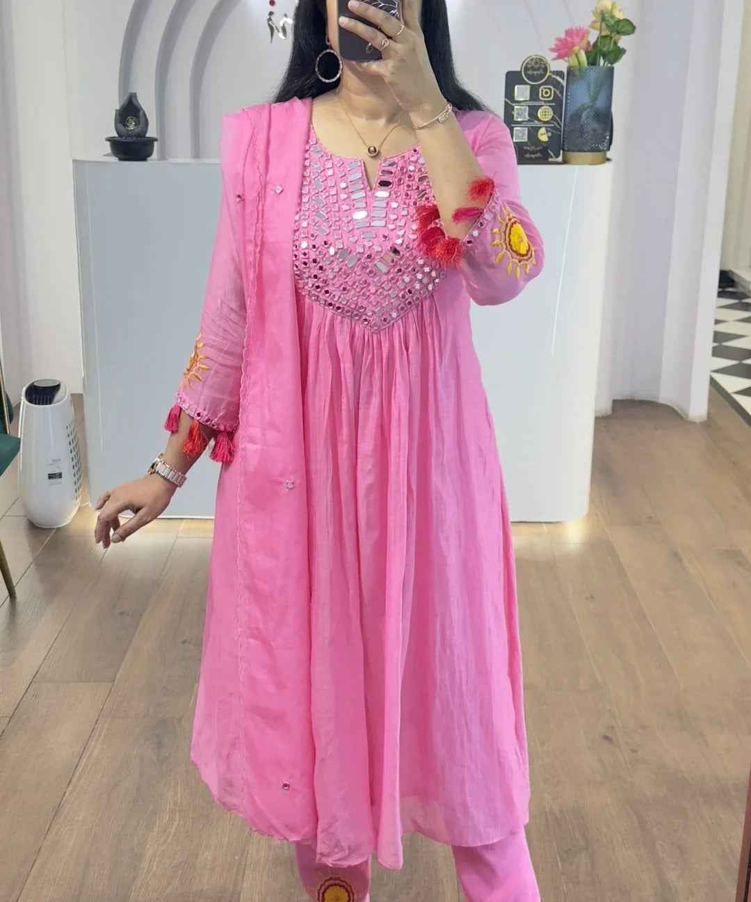 Pink Mul Chanderi Mirrors Handwork Suit Set