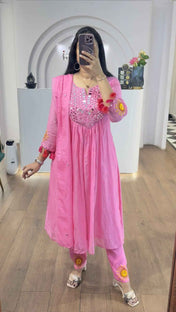 Pink Mul Chanderi Mirrors Handwork Suit Set