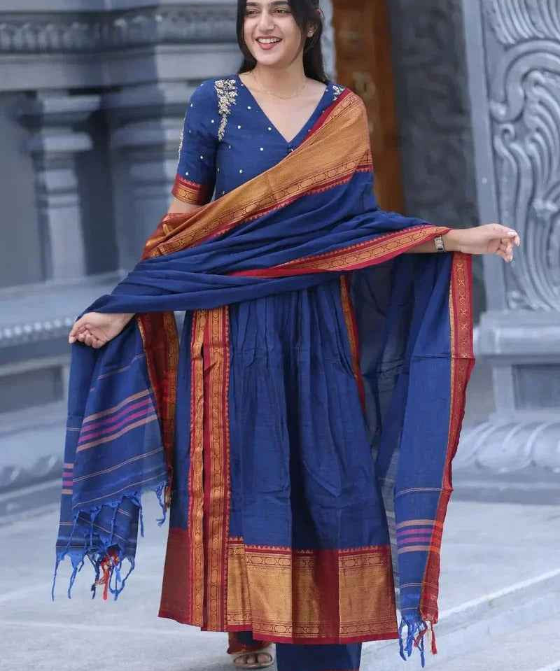 Basude Handloom Suit Set in Blue
