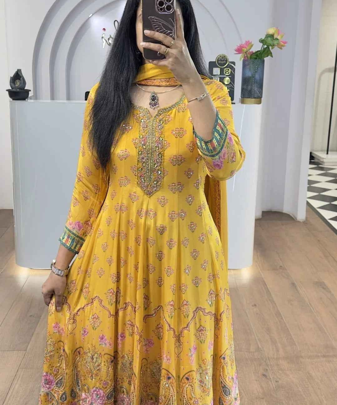 Yellow Floral Handworked Anarkali With Straight Pants