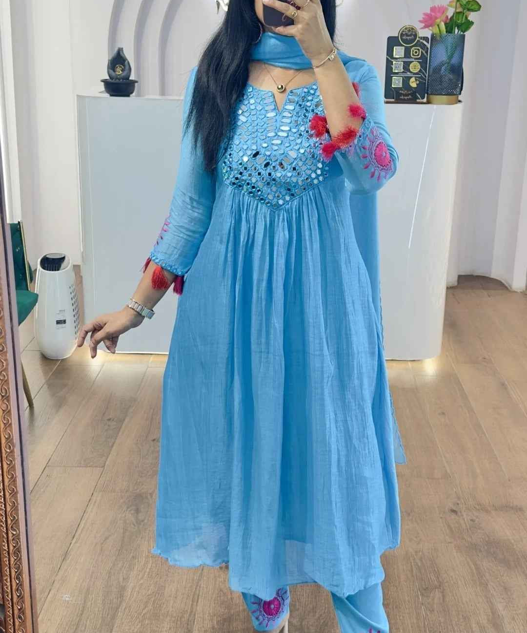 Sky Blue Mul Chanderi Mirrors Handwork Suit Set