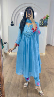 Sky Blue Mul Chanderi Mirrors Handwork Suit Set