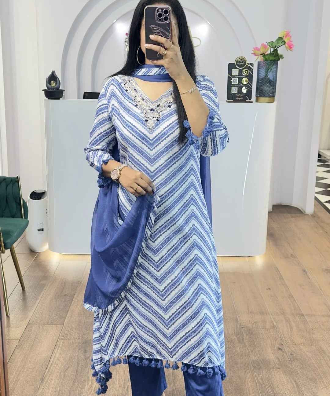 Blue Zig Zag Printed Handwork HighLow Kurti