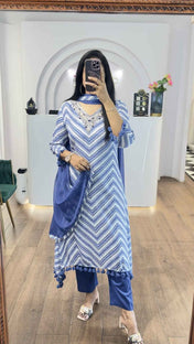 Blue Zig Zag Printed Handwork HighLow Kurti