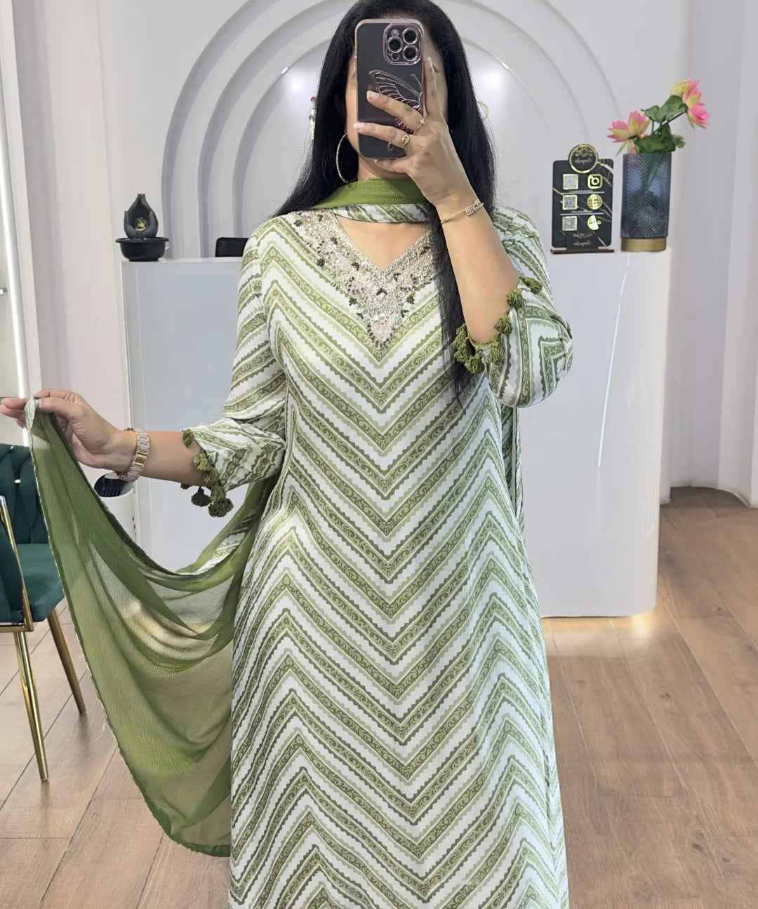 Green Zig Zag Printed Handwork HighLow Kurti
