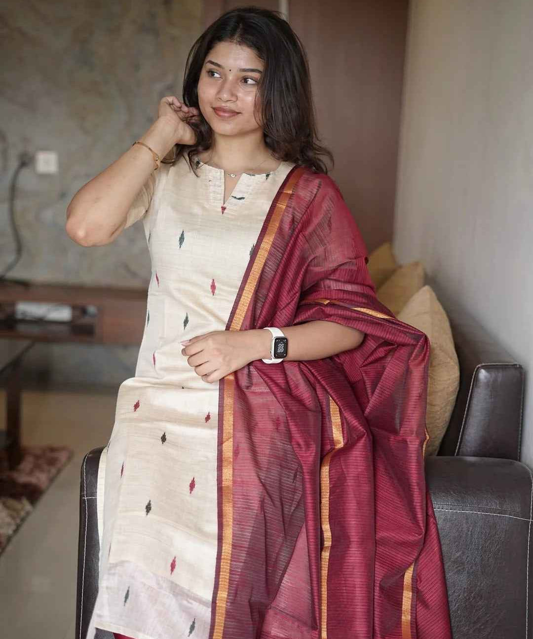 Tussar Silk Kurti With Double Colour Diamond Butta With Dupatta