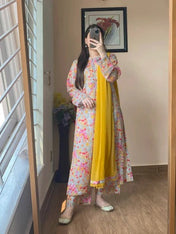 Soft Pastel Multi-Color Floral Printed Kurti Set with Yellow Dupatta