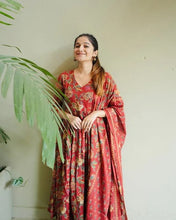 Rust Red Floral Cotton Anarkali Kurta Set with Dupatta