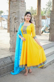Women’s Yellow Anarkali Kurti with Blue Dupatta